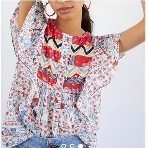 Anthropologie Let Me Be white red blue floral ruffle sleeve boho blouse sz 4